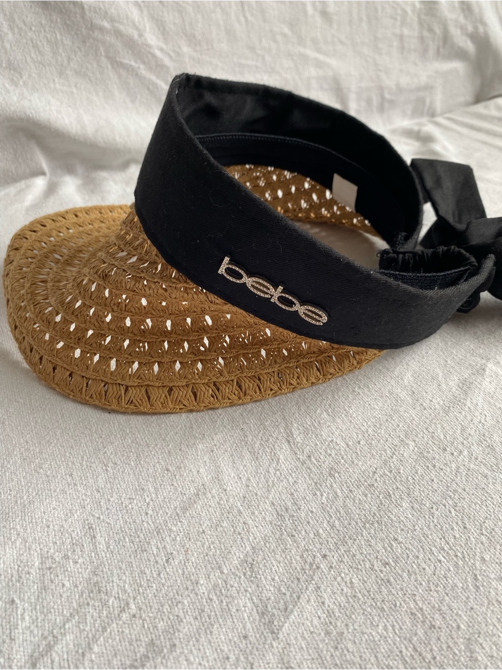 bebe Black and Tan Woven Visor with Logo, beach, casual, fashion